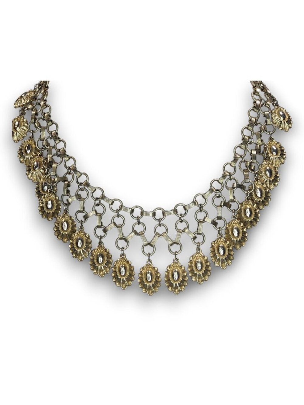 Vintage Boho Floral Metal Gold Silver Tone Bib Necklace 13 Inch